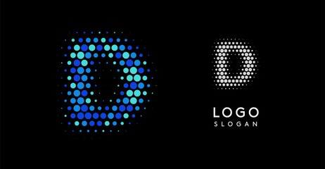 Abstract letter D logo with blue gradient dots, modern minimalist logotype design for business branding, corporate identity, tech companies. Stylish and professional symbol. Vector illustration