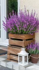 A blue front door is decorated with potted flowers, lanterns, and wooden crates.