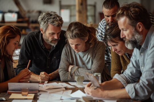 A focused group of people are seen seriously collaborating over scattered papers during a meeting in a rustic yet homely office space, showing dedication to their work.