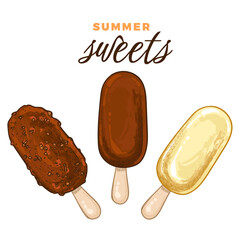 Stick ice creams with chocolate and vanilla flavor. Hand drawn vector food assets with hand drawn text. Easy to edit and use vector food assets. 