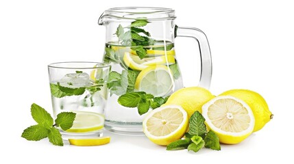 Fototapeta premium A glass of lemonade sits next to a pitcher of lemonade and several lemons, with green leaves in the foreground. The backdrop is a white