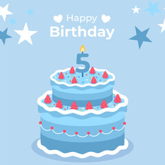 Cake poster design for birthday cake congratulations 5 years old birthday. Festive cake for birthday