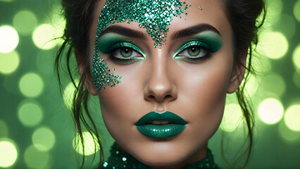 stunning asian pretty woman with chiseled features,  
glitter makeup. illuminated with dynamic composition and dramatic lighting. copy text spac