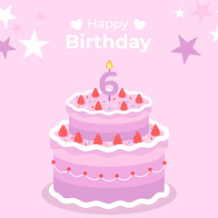 Cake poster design for birthday cake congratulations 6 years old birthday. Festive cake for birthday
