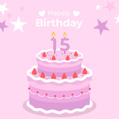 Cake poster design for birthday cake congratulations 15 years old birthday. Festive cake for birthday