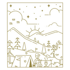 Line illustration of a campground against a mountain background for a t-shirt print. Illustration for clothing print.