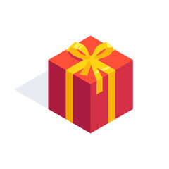 Vector illustration of red square gift box with yellow bow. Gift box for birthday, holiday, event.