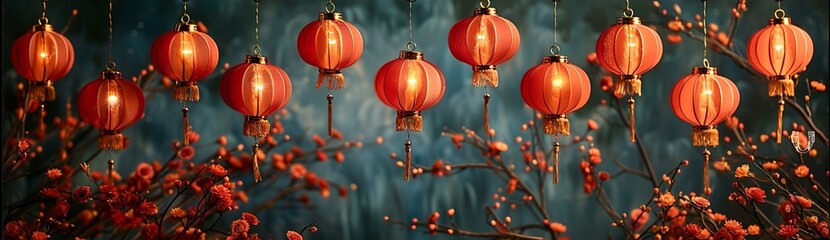 Chinese lanterns hanging from a tree in a garden at night.