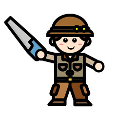 archaeological man holding saw