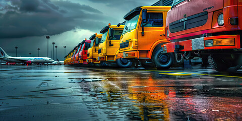 Aviation Artistry: A colorful array of airport service vehicles lined up at a hangar