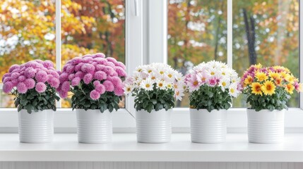Fototapeta premium potted plants sit on a windowsill, illuminated by natural light. The plants are in various shades of purple, yellow, and white.