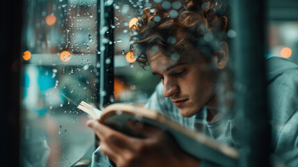 Obraz premium man reading a book on a rainy day