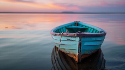 Obraz premium blue old boat on the lake in the sunset