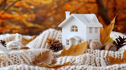 A white miniature house sits on a knitted blanket with autumn leaves, pinecones, and acorns