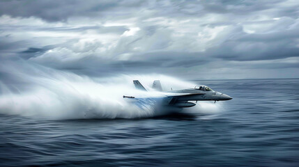 Naklejka premium A fighter jet breaking the sound barrier over the ocean, creating a dramatic vapor cone amidst a cloudy sky.