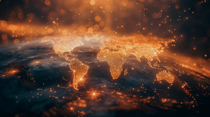 Fototapeta premium World map with dots in orange-gold, bright and detailed, modern design.