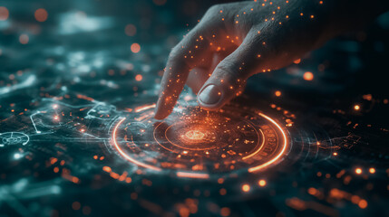 Abstract tech wallpaper showcasing professional touchscreen engagement with glowing holographic elements, ideal background best-seller.