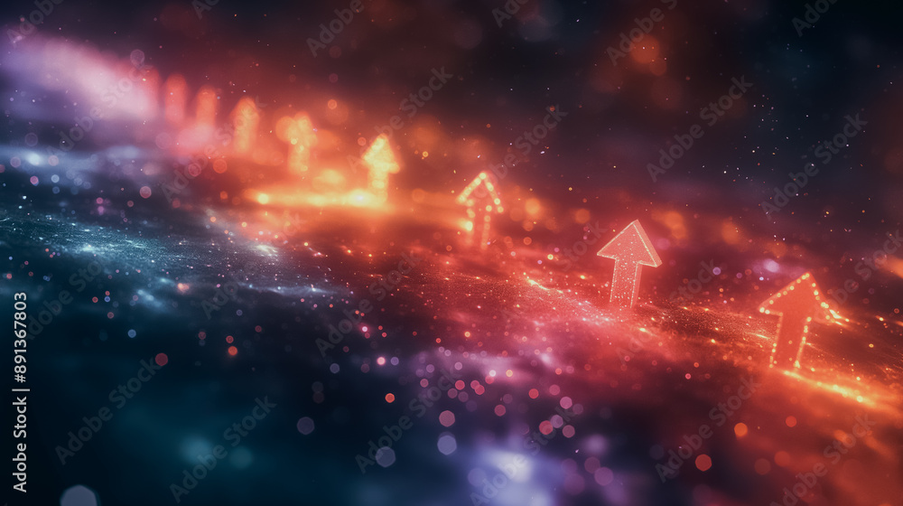 Poster tech-themed abstract background with colorful arrows pointing upwards, representing growth and innov