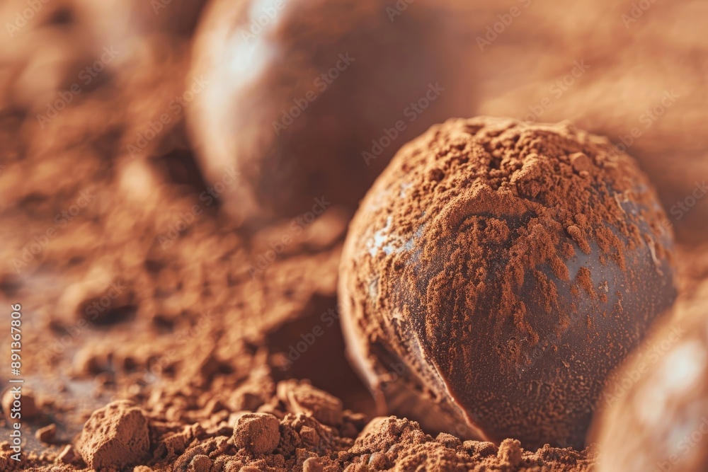 Poster close-up view of chocolate truffles coated in rich cocoa powder, placed on a surface, illustrating a