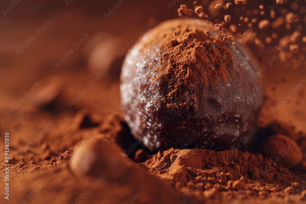 Poster A close-up shot of a delectable chocolate truffle, dusted with cocoa powder and placed on a bed of cocoa, highlighting rich textures and tempting indulgence.