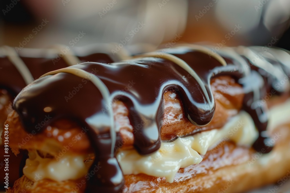 Poster This image captures a close-up of a flaky éclair, filled with smooth cream and topped with dark chocolate, showcasing the allure of its delightful textures and tastes.