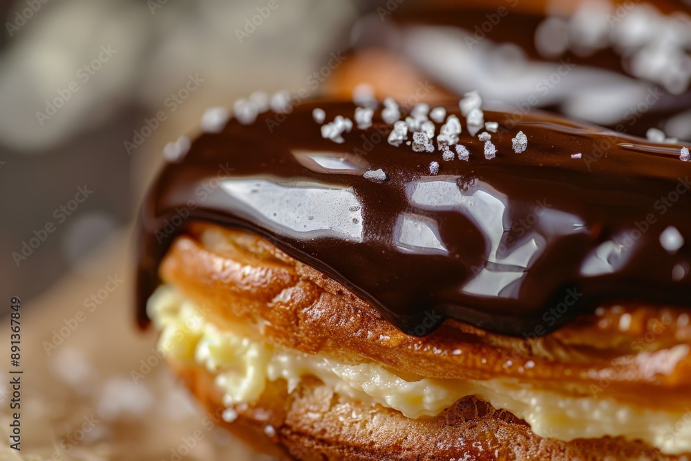 Poster An appetizing image of an éclair, featuring a flaky pastry filled with cream and topped with glossy chocolate, sprinkled with sugar for an added touch of sweetness.