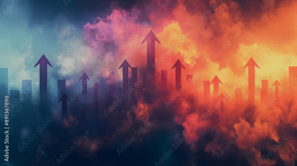 Poster digital arrows in bright colors pointing up, abstract background for tech concepts symbolizing growt