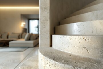 A close-up of modern, rounded steps showcasing the refined design elements of contemporary home architecture, captured beautifully with soft lighting and shadows.
