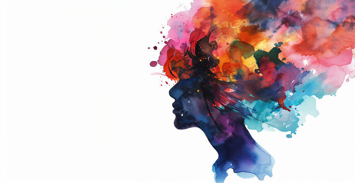 Mental health and creative abstract concept. Colorful illustration of happy woman head in paint splatter style. Mindfulness and self care idea. White background. Copy space. Generative AI
