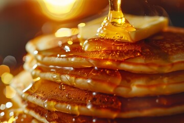 A delectable stack of golden-brown pancakes topped with a pat of butter, with syrup being poured over, capturing the warm and inviting breakfast scene.