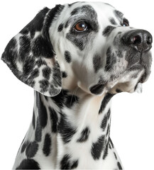 A close-up of a happy Dalmatian puppy with its tongue out.
