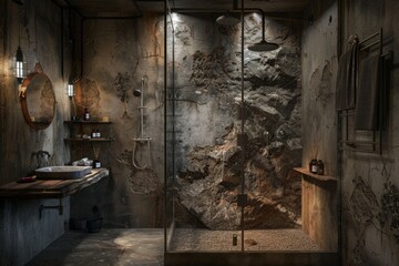 A unique and rustic bathroom with natural rock walls, modern shower units, a wooden sink, and subtle lighting, creating a perfect blend of ancient and contemporary styles.