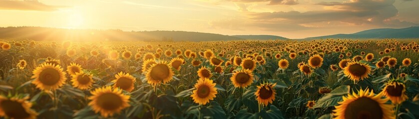 Fototapeta premium Vibrant field of sunflowers stretching to the horizon at golden hour