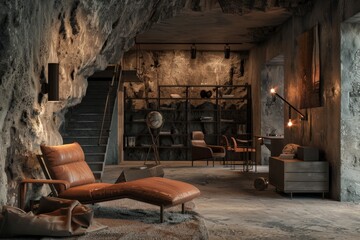 A serene study corner within a cave, featuring a cozy reading chair, a desk with an armchair, wall-mounted lamps, and a shelf filled with books and decorative objects.