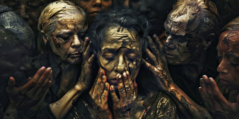 Enduring Solace: A group of mourners, hands clasped in support, their faces etched with gentle sympathy.
