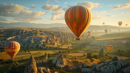 Obraz premium Colorful hot air balloons floating over Cappadocia's unique landscape