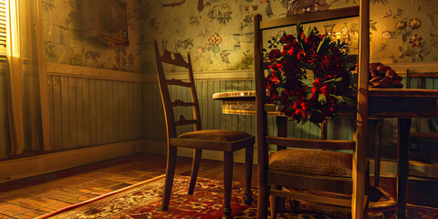 The Empty Chair: An empty dining chair, adorned with a wreath of flowers, facing an empty seat at the table.