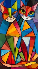 Fototapeta premium Two cats sitting next to each other in a colorful painting