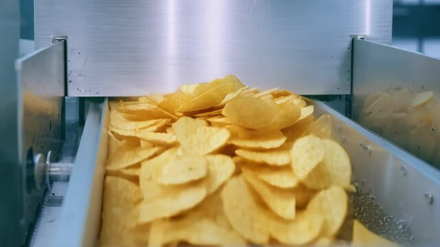 A conveyor belt of chips being seasoned and flad before being packaged.