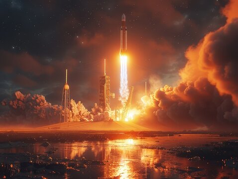 Hyper-Realistic 3D Rendering of Rocket Launch at Cape Canaveral: Intense Nighttime Liftoff with Illuminated Launch Pad and Starlit Sky