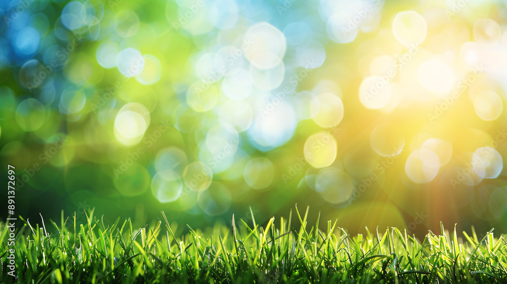 Poster a beautiful sunny spring meadow with green grass and a blue sky, featuring an abstract background wi