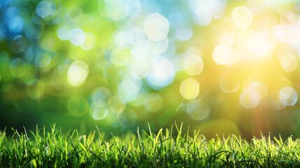 Obraz premium A beautiful sunny spring meadow with green grass and a blue sky, featuring an abstract background with light bokeh and space for text.