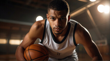 Portrait of professional basketball player on the indoor field	