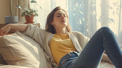 Obraz premium The woman relaxing on sofa