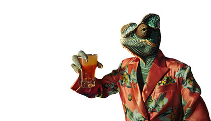 Fototapeta premium Gorgeous pensive iguana in silk red floral robe with cocktail glass on transparent background Beautiful reptile for your advertisement presentation ad Creative banner