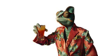 Gorgeous pensive iguana in silk red floral robe with cocktail glass on transparent background Beautiful reptile for your advertisement presentation ad Creative banner