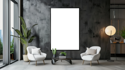 Mock up white blank poster frame in modern living room