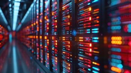 Modern data center with rows of server racks filled with glowing lights, depicting advanced technology and digital information storage.