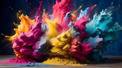 Colored powder explosion. Abstract closeup dust on backdrop. Colorful explode. Paint holi