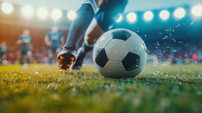 Dynamic shot of a soccer player about to kick the ball on a well-lit stadium field during a match.